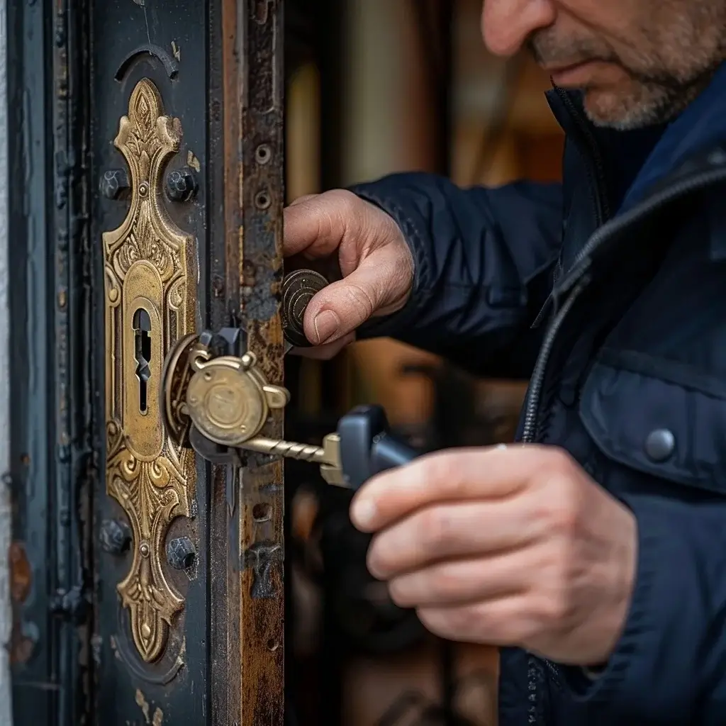 Der Schlosser repariert die Tür
