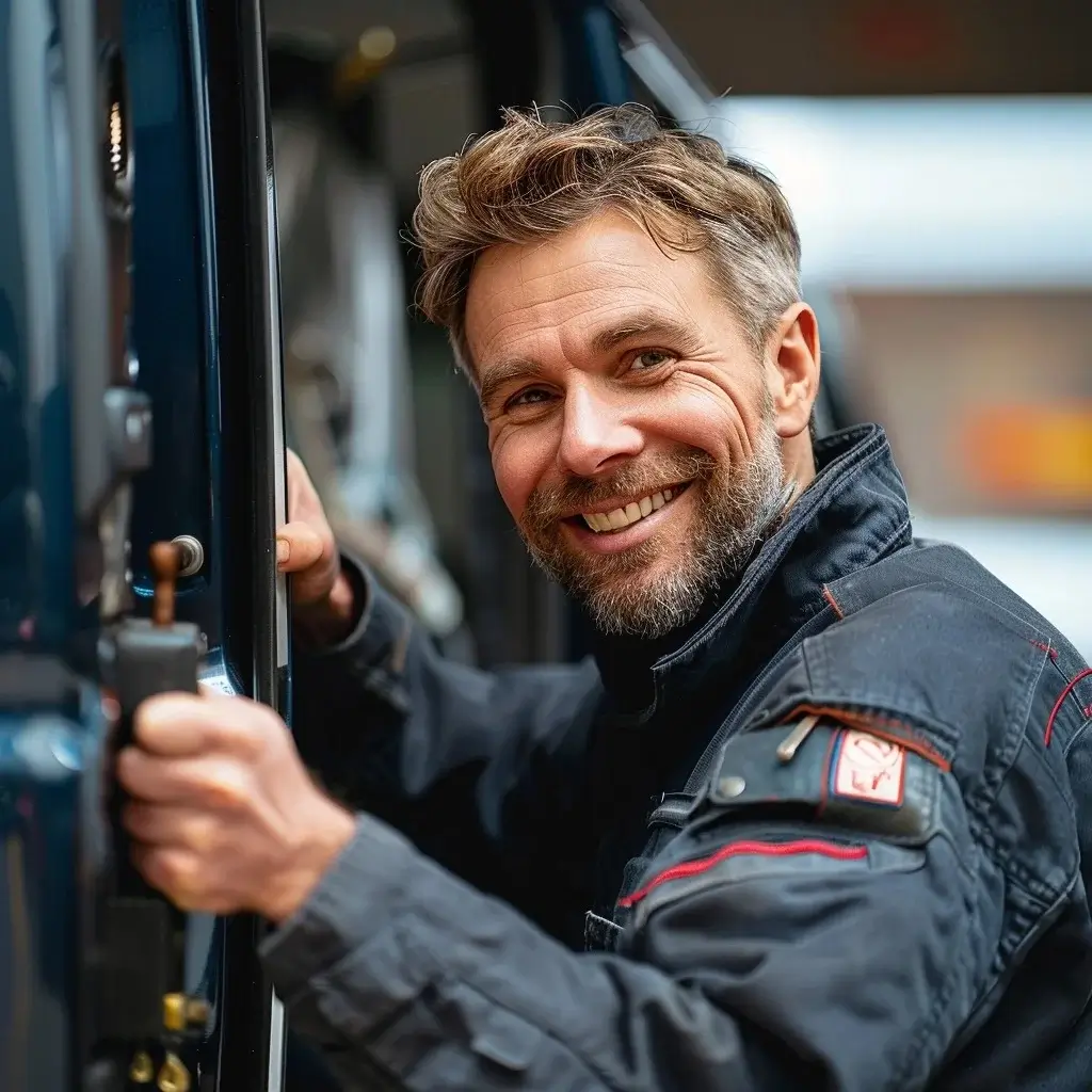 Lächelnder Schlüsseldienst öffnet das Auto